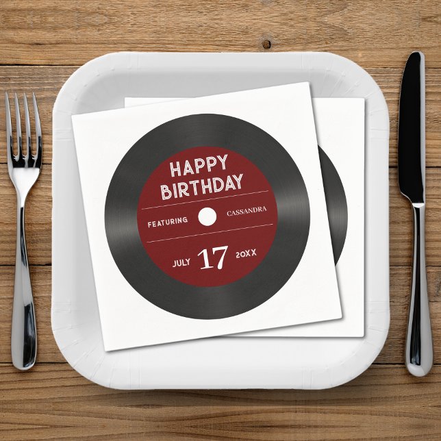 Retro Red Vinyl Record Black Happy Birthday Party Serviette (Retro Red Vinyl Record Black Happy Birthday Party Napkins)