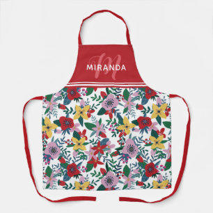 Retro Red Yellow Pink Floral Patterns Monogramm Schürze