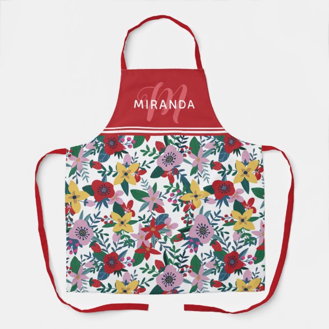 Retro Red Yellow Pink Floral Patterns Monogramm Schürze (Vorderseite)
