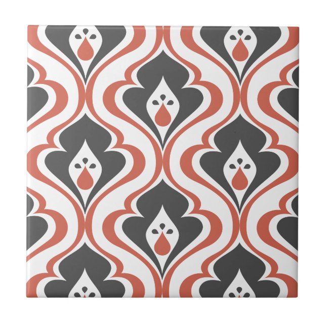 Retro Reds Orange Schwarzes Muster Dekorieren Tile Fliese (Vorderseite)