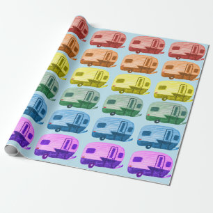 Retro-Regenbogen-Anhänger Motorhome RV auf Blau Geschenkpapier