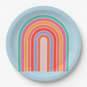 Retro-Regenbogen Bunt Blau Pappteller