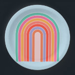 Retro-Regenbogen-farbiges Blau Pappteller<br><div class="desc">Abstrakt Retro Regenbogen - Farbiger Regenbogen - Blauer Hintergrund.</div>