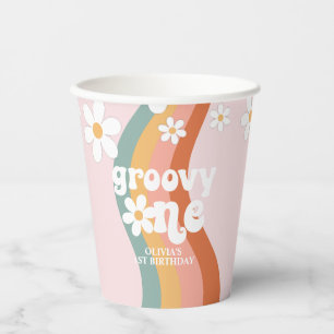 Retro-Regenbogen Groovy One Gänseblümchen Pappbecher