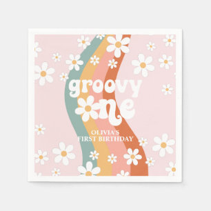 Retro-Regenbogen Groovy One Gänseblümchen Serviette