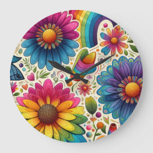Retro-Regenbogen-Hippie-Blumenmuster Große Wanduhr