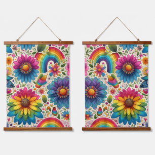Retro-Regenbogen-Hippie-Blumenmuster Wandteppich Mit Holzrahmen