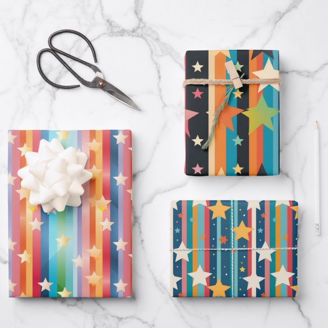Retro-Regenbogen-Streifen und -Stars - farbenfrohe Geschenkpapier Set (Vorderseite)