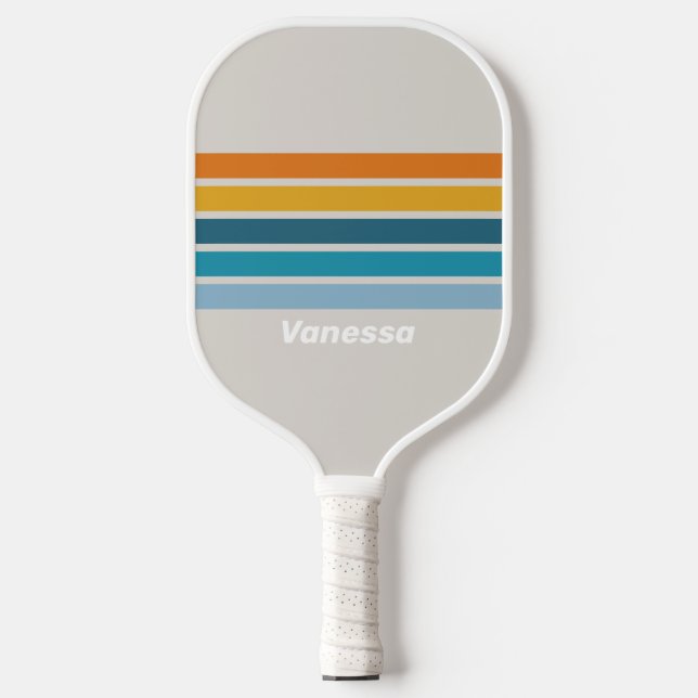 Retro-Regenbogen über Streifen mit Namen Pickleball Schläger (Vorderseite)
