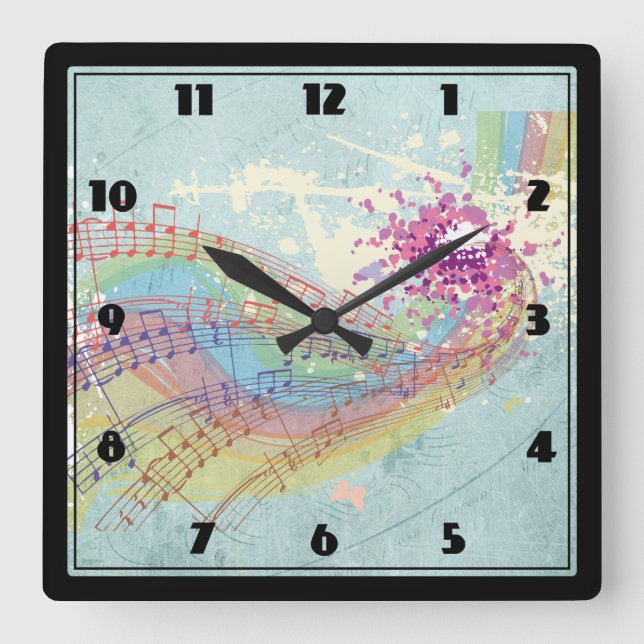 Retro Regenbogen und Musiknoten auf einer Quadratische Wanduhr (Vorderseite)