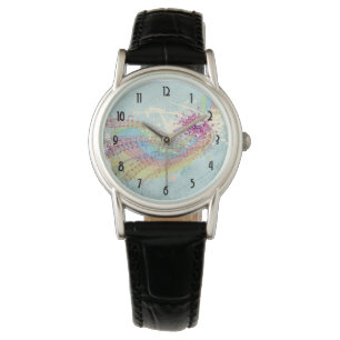 Retro-Regenbogen und Musiknoten auf einer Shabby-T Armbanduhr