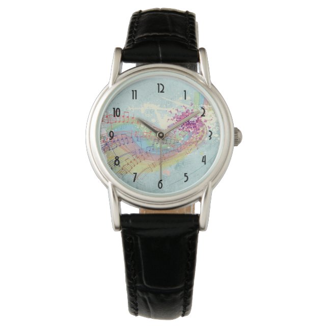 Retro-Regenbogen und Musiknoten auf einer Shabby-T Armbanduhr (Vorderseite)