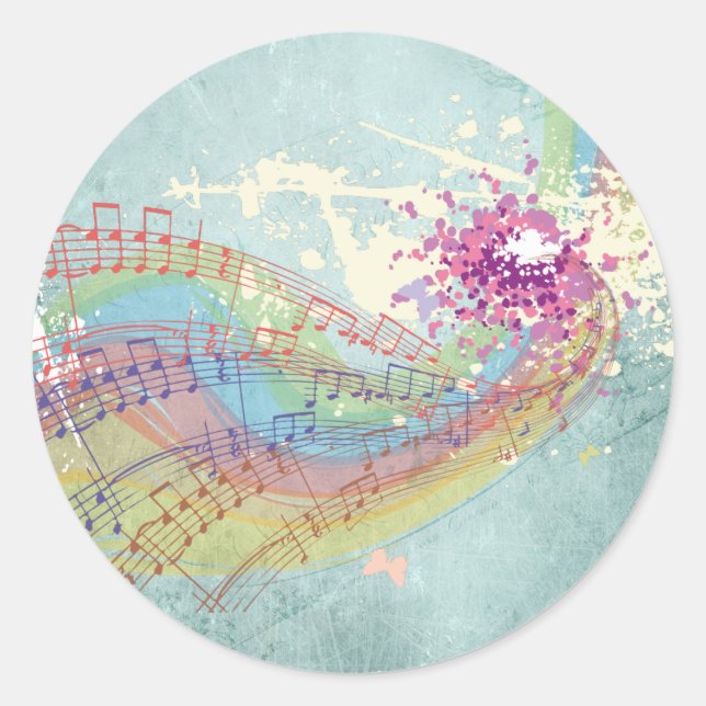 Retro-Regenbogen und Musiknoten auf einer Shabby-T Runder Aufkleber (Vorderseite)