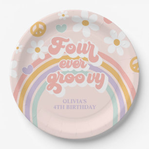Retro-Regenbogen Vier je Groovy 4. Geburtstag Pappteller