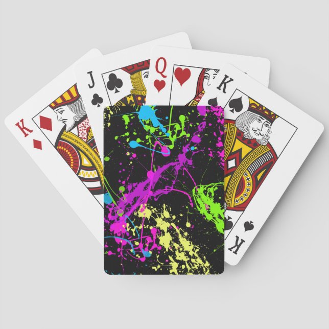 Retro-Regenbogen von Neon Paint-Spritzern auf Schw Spielkarten (Rückseite)