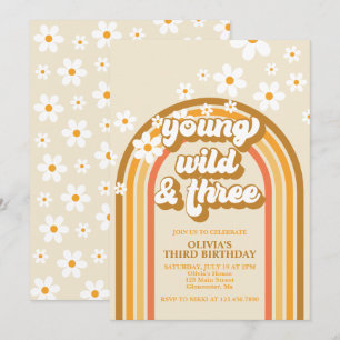 Retro-Regenbogen Young Wild and Three Geburtstag Einladung