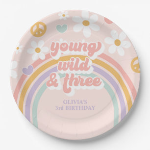 Retro-Regenbogen Young Wild Three 3. Geburtstag Pappteller