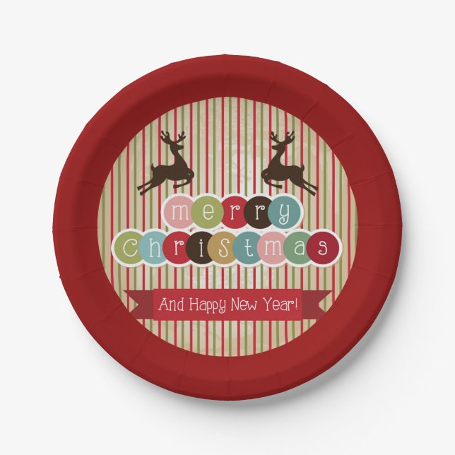 Retro Reindeer frohe Weihnachten Glück Neues Jahr Pappteller (Vorderseite)