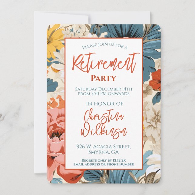 Retro Retirement Party Geranium Floral Einladung (Vorderseite)
