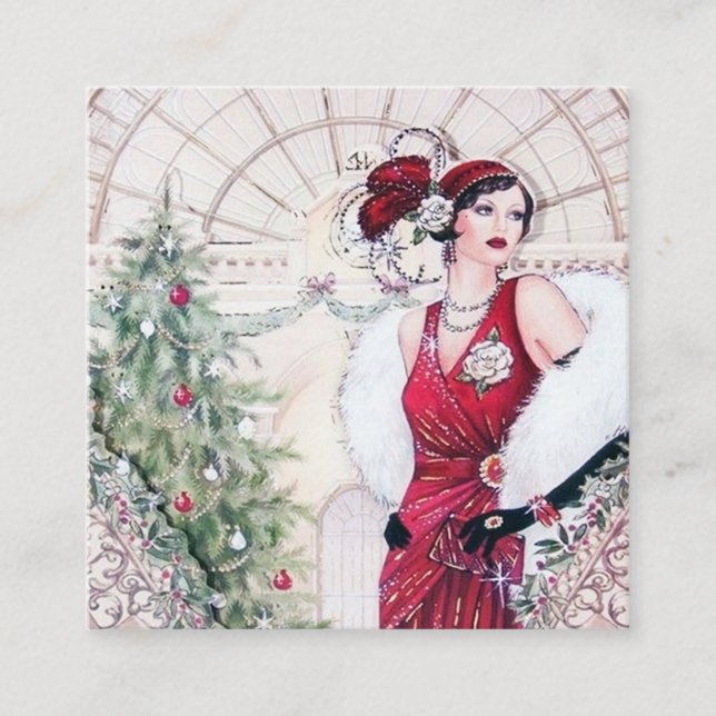 Retro-Retro Weihnachtsfrau Quadratische Visitenkarte (Vorderseite)