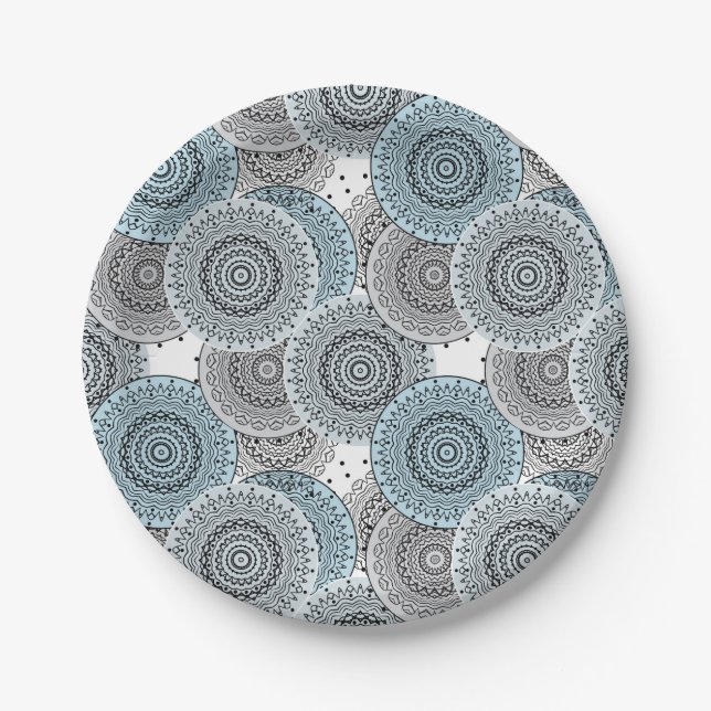 Retro, Retromuster, blau und grau, elegant Pappteller (Vorderseite)