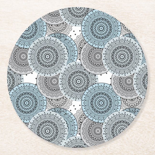 Retro, Retromuster, blau und grau, elegant Runder Pappuntersetzer (Vorderseite)