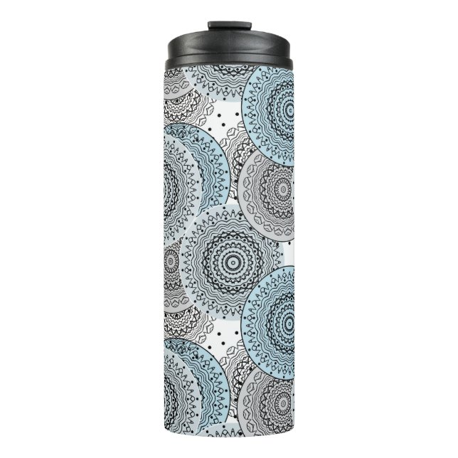 Retro, Retromuster, blau und grau, elegant Thermosbecher (Vorderseite)