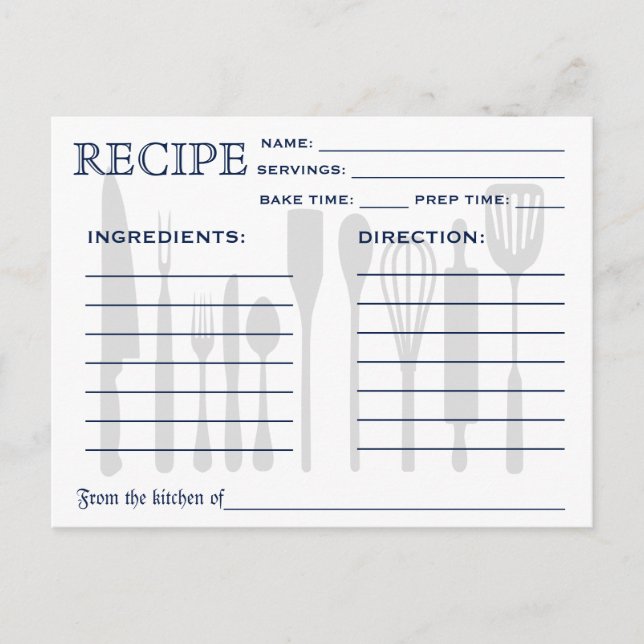 Retro-Rezept-Karte mit Küchenutensilien gestrichen Postkarte (Vorderseite)