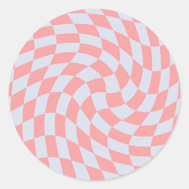 Retro Rhubarb Blue Pastel Warped Karos Checked Runder Aufkleber (Vorderseite)