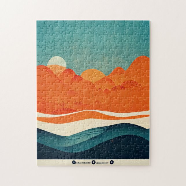 Retro River Landscape Illustration Orange Blue (Vertikal)