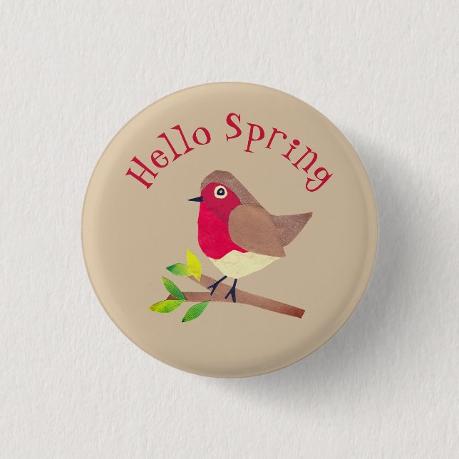 Retro Robin Hello Spring Niedlicher Personalisiert Button (Vorderseite)