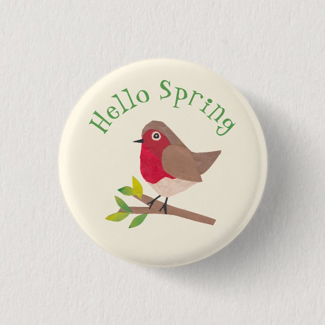 Retro Robin Hello Spring Niedlicher Personalisiert Button (Vorderseite)