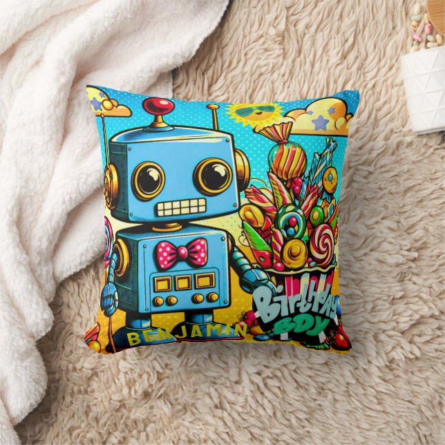 Retro Robot Birthday Boy anpassbar Kissen (Decke)