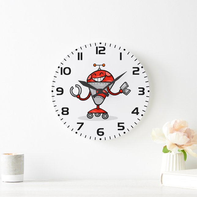 Retro Robot Cartoon Fun Red und Silver AI Bot Große Wanduhr (Von Creator hochgeladen)