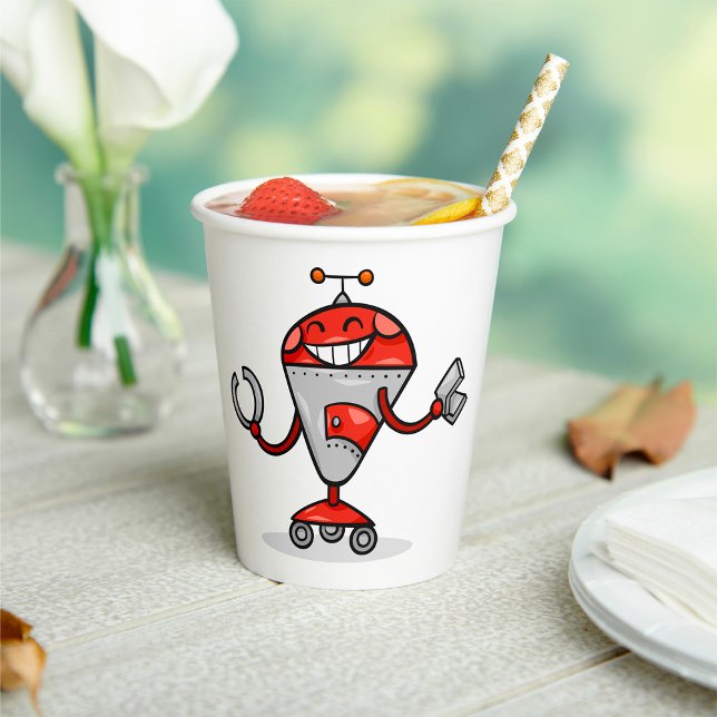 Retro Robot Cartoon Fun Red und Silver AI Bot Pappbecher (Von Creator hochgeladen)