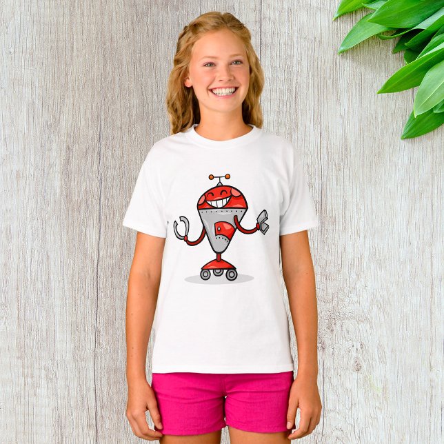 Retro Robot Cartoon Fun Red und Silver AI Bot T-Shirt (Von Creator hochgeladen)