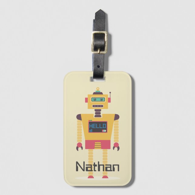 Retro Robot Illustration Personalisierte Kinder Gepäckanhänger (Vorderseite Vertikal)