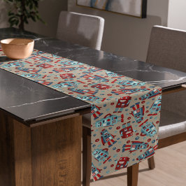 Retro Roboter Blau und Rot Gemustert Kurzer Tischläufer