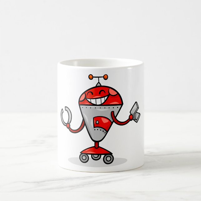 Retro-Roboter-Cartoon-Spaß Roter und silberner AI- Kaffeetasse (Von Creator hochgeladen)