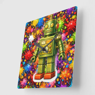 Retro-Roboter-Farbexplosion quadratische Wand Wanduhr