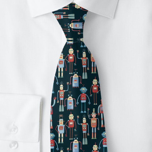 Retro-Roboter-Muster dunkel Krawatte (Retro robot pattern neck tie)