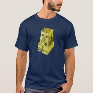 Retro Roboter-Spielzeug-Gelb auf Blau T-Shirt