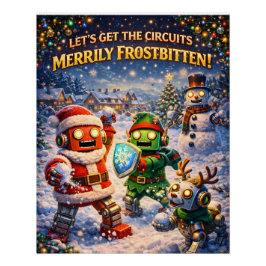 Retro-Roboter-Weihnachts-Schneeballkampf-Gruß Poster