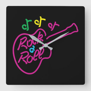 Retro Rock and Roll Neon Sign Guitar and Notes Quadratische Wanduhr