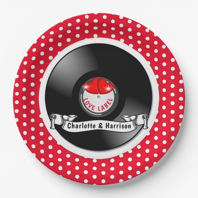Retro Rockabilly Hearts Wedding Pappteller (Vorderseite)