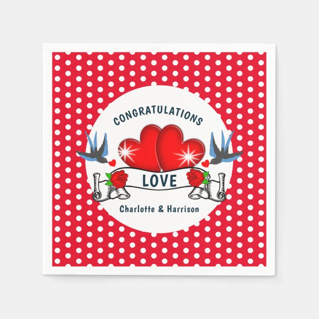 Retro Rockabilly Hearts Wedding Serviette (Vorderseite)