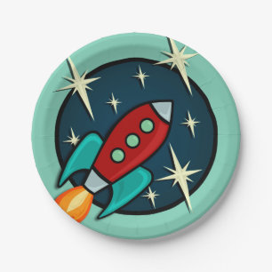 RETRO ROCKET-SCHIFFS-GRAFIK-PAPPTELLER PAPPTELLER