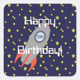 Retro Rocket Ship and Stars Happy Birthday Quadratischer Aufkleber