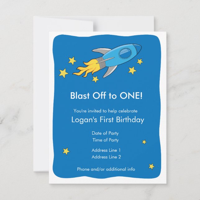 Retro Rocket Ship Blast Off Birthday Einladung (Vorderseite)