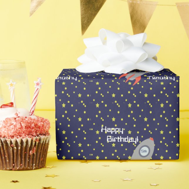 Retro Rocket Ship Happy Birthday Geschenkpapier (Geburtstagsparty)